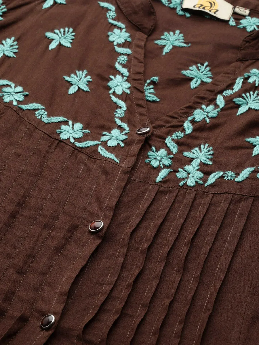 ADA Women Brown & Green Chikankari Embroidered Handloom Kurta with Trousers