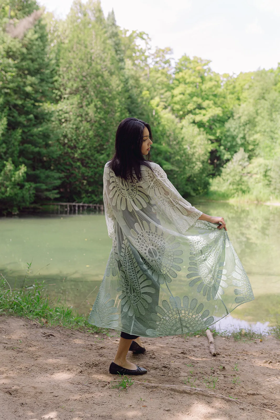 Alexis Long Lace Kimono in Sage Green