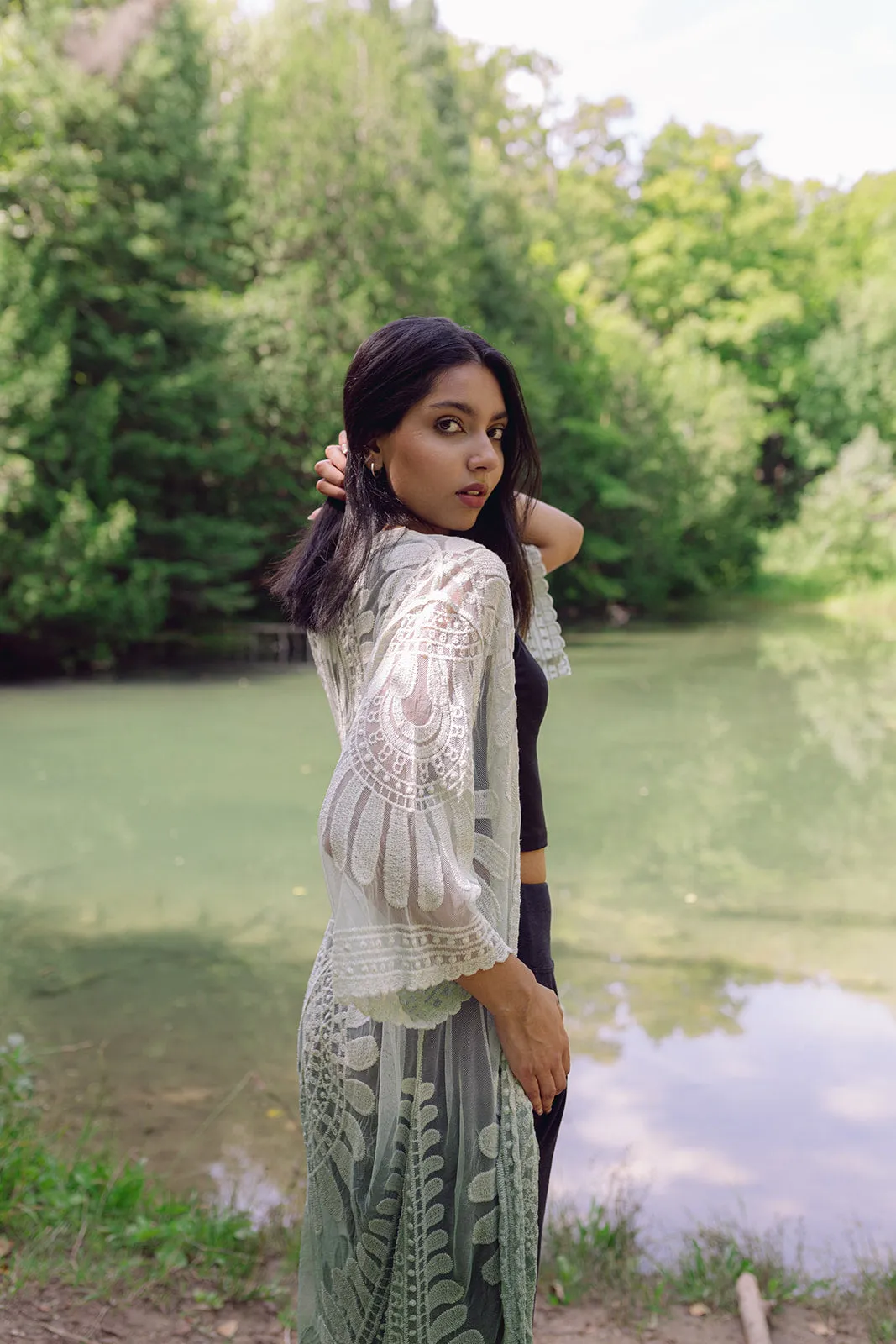 Alexis Long Lace Kimono in Sage Green