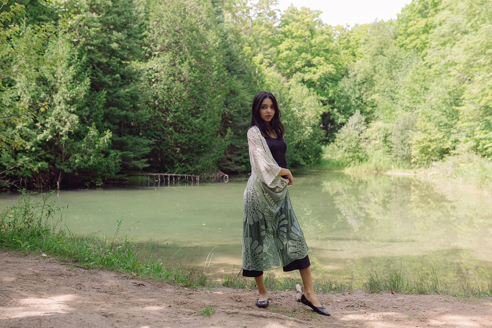 Alexis Long Lace Kimono in Sage Green