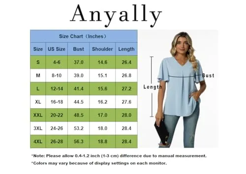Anyally Women's Summer Dressy Chiffon Blouses Plus Size V Neck Ruffle Short Sleeve Tunic Tops for Leggings Casual T-Shirts, 2XL Floral White