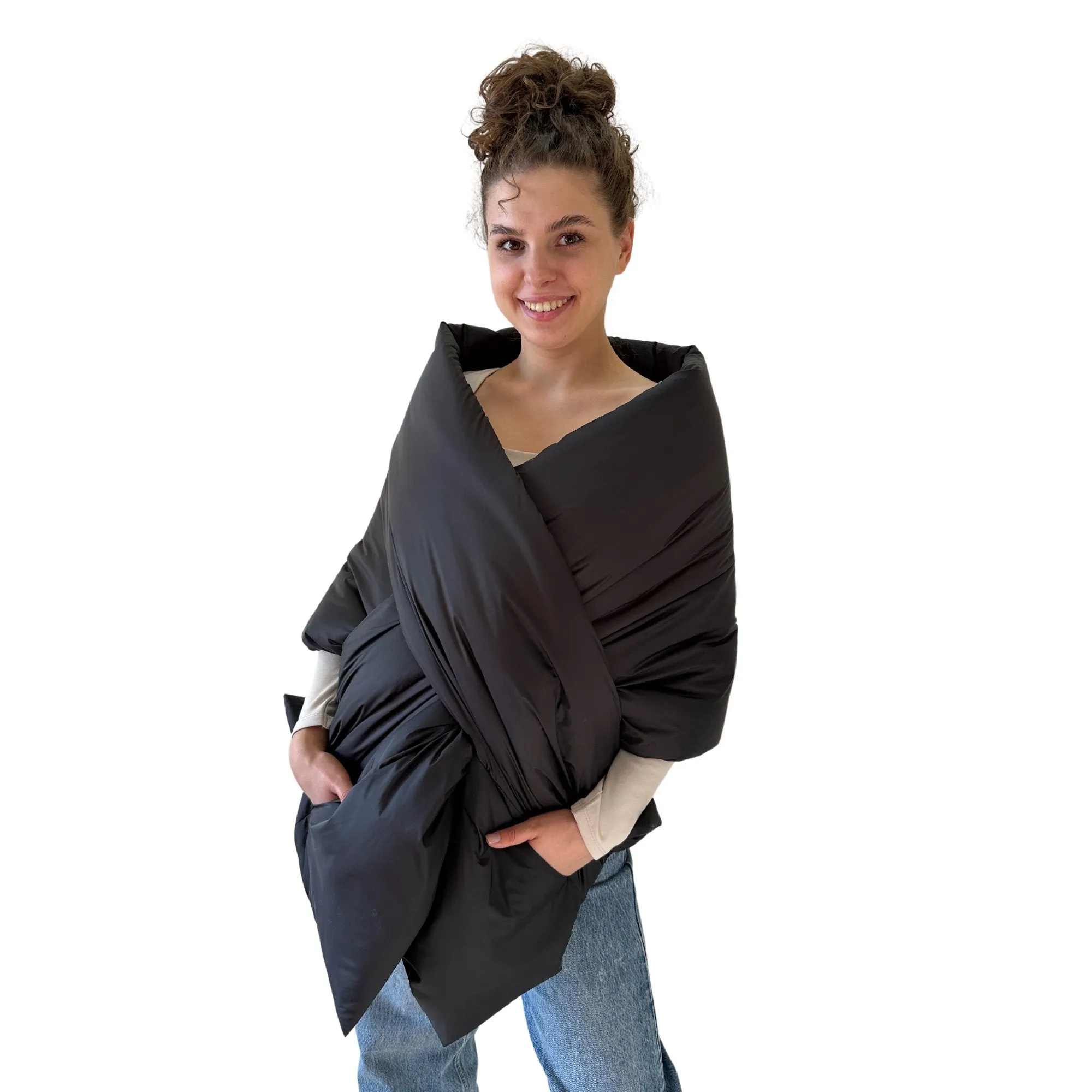 Black Long Cape Lagre Wide Scarf Puffer 20x80 inch with 2 pocket and Belt