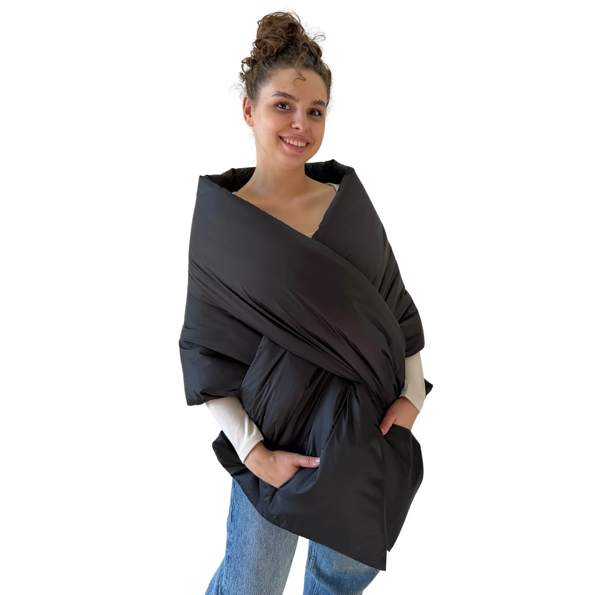 Black Long Cape Lagre Wide Scarf Puffer 20x80 inch with 2 pocket and Belt