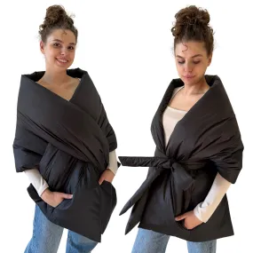 Black Long Cape Lagre Wide Scarf Puffer 20x80 inch with 2 pocket and Belt