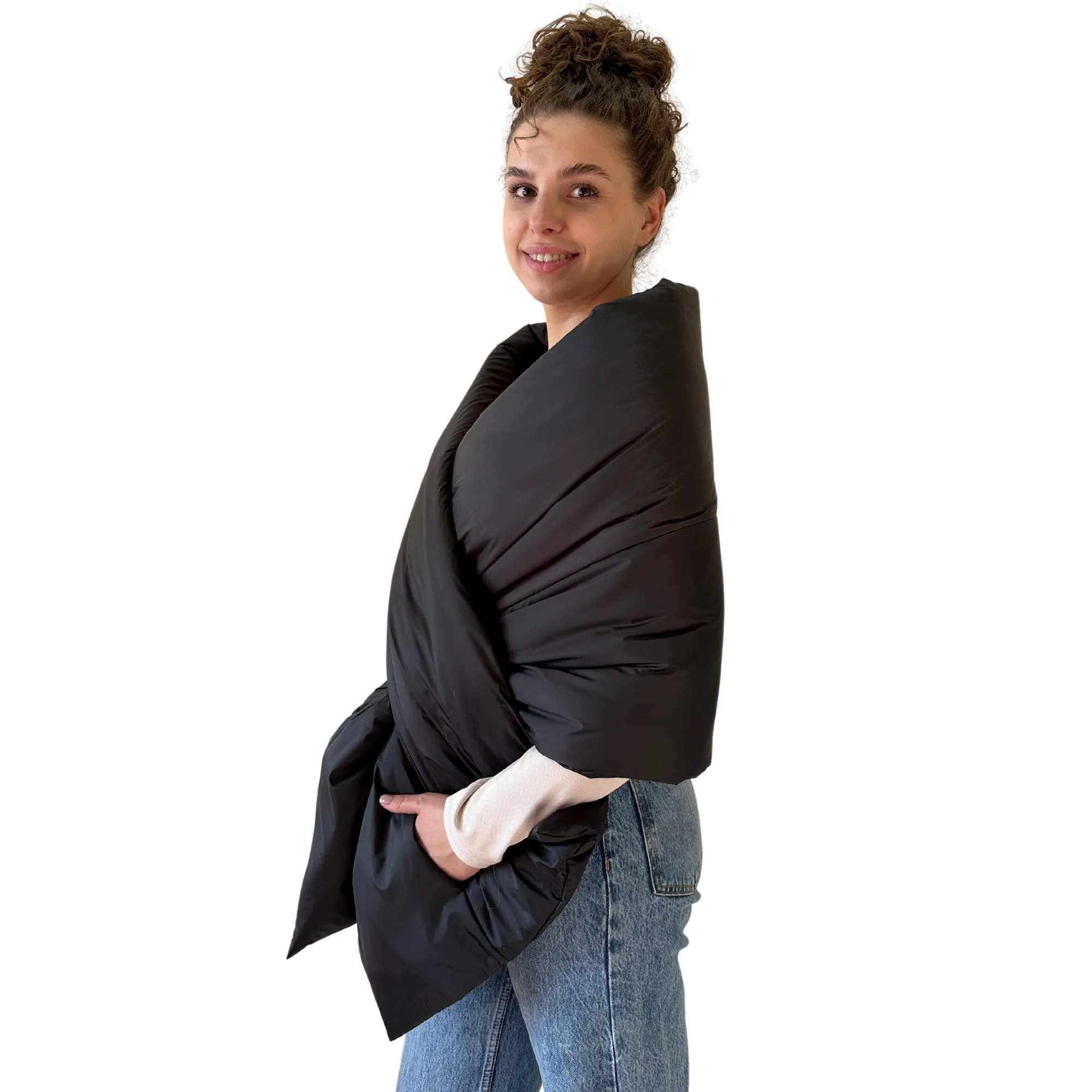 Black Long Cape Lagre Wide Scarf Puffer 20x80 inch with 2 pocket and Belt