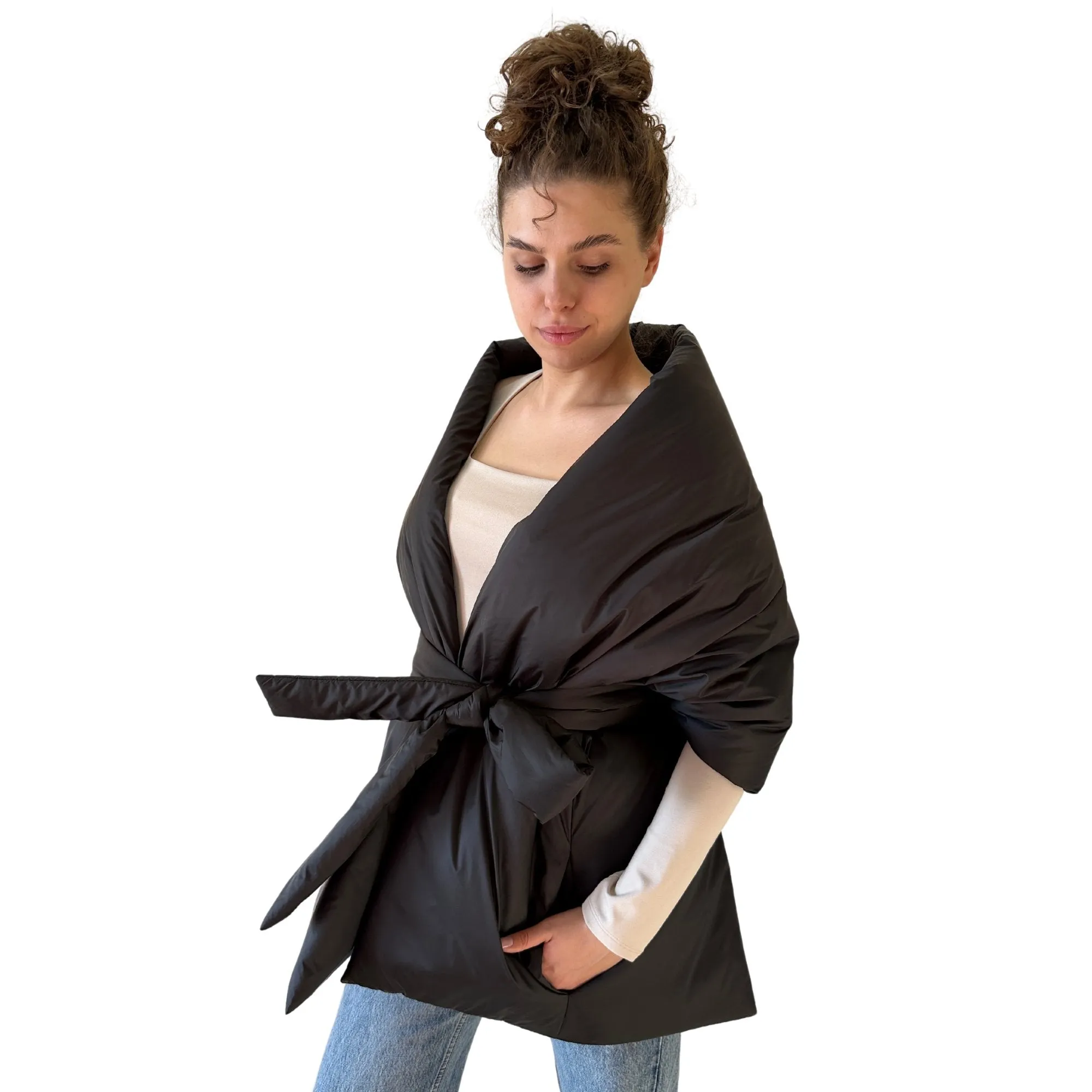 Black Long Cape Lagre Wide Scarf Puffer 20x80 inch with 2 pocket and Belt