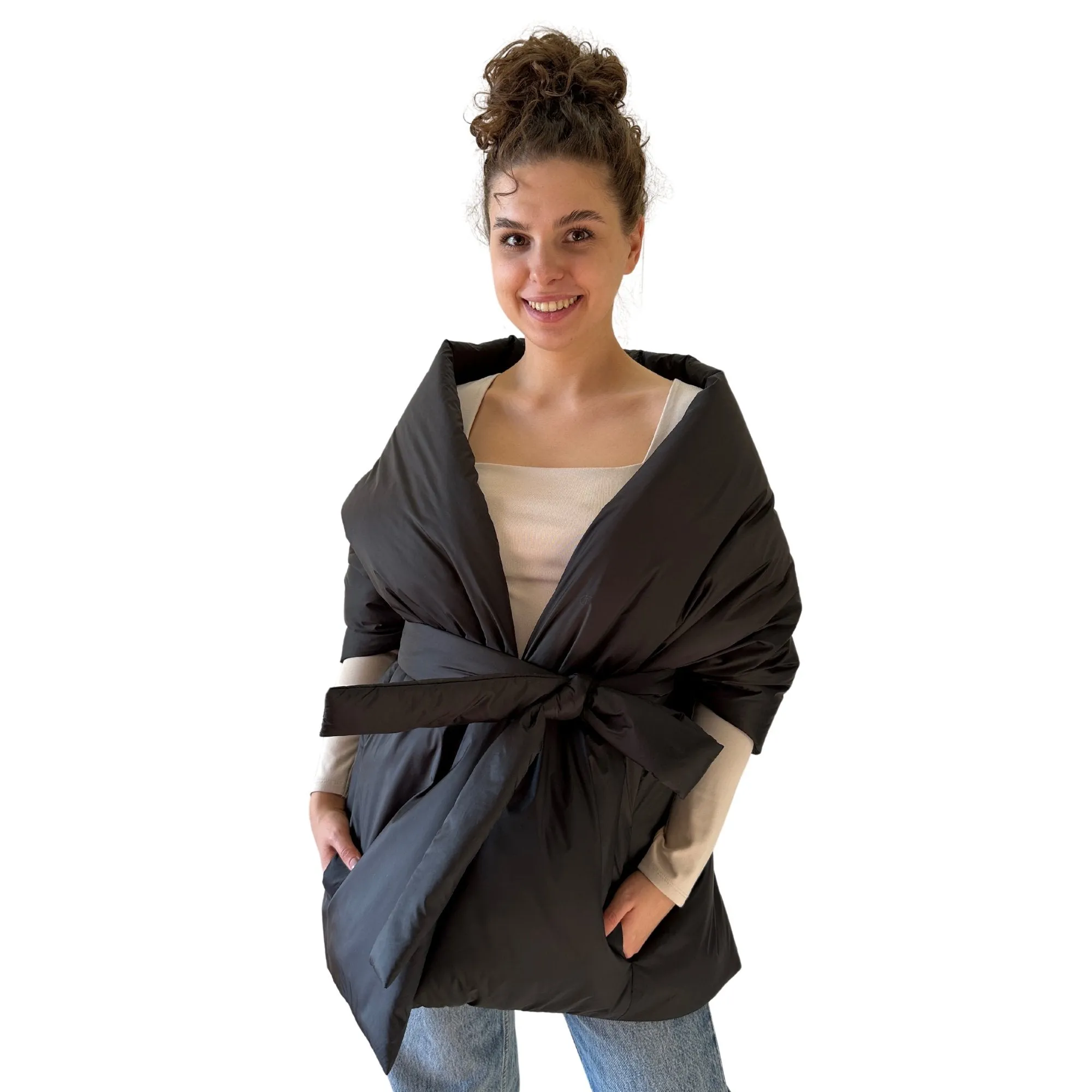 Black Long Cape Lagre Wide Scarf Puffer 20x80 inch with 2 pocket and Belt