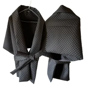 Black Long Lagre Wide Scarf Puffer 25x80 inch with 2 pocket and Belt. Cape around shoulders wrap. Winter quilted shawl. Warm padded scarf. Down puffy scarves.