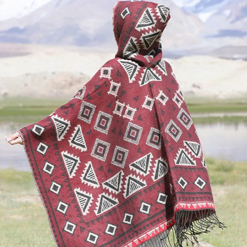 Buddha Stones Tibetan Shawl Triangle Pattern Hooded Cloak Winter Cozy Travel Scarf Wrap