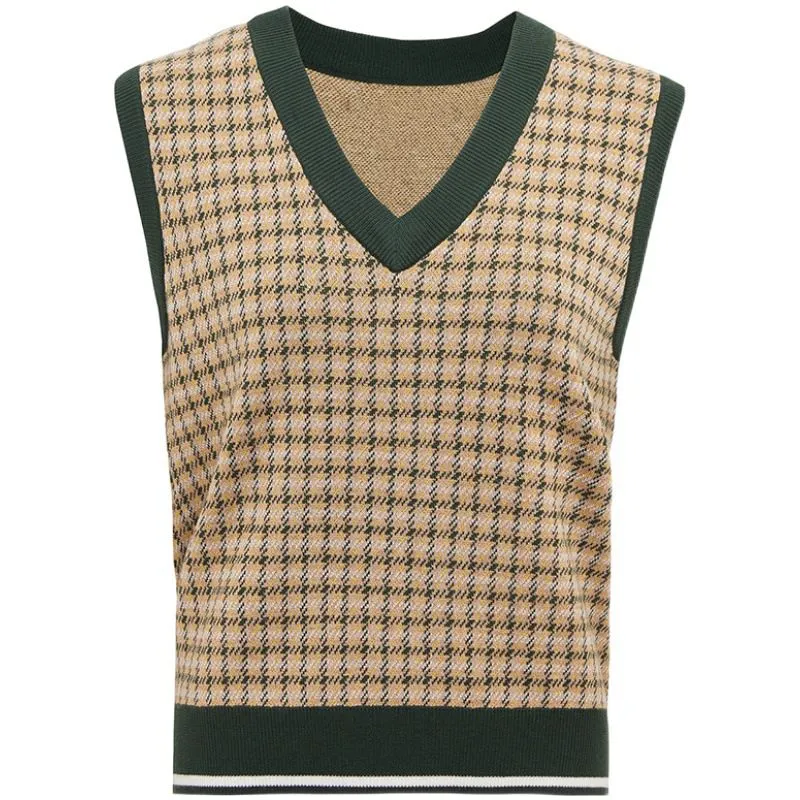 Color Block Oversized Dogtooth Sleeveless Knit Vest Jumper