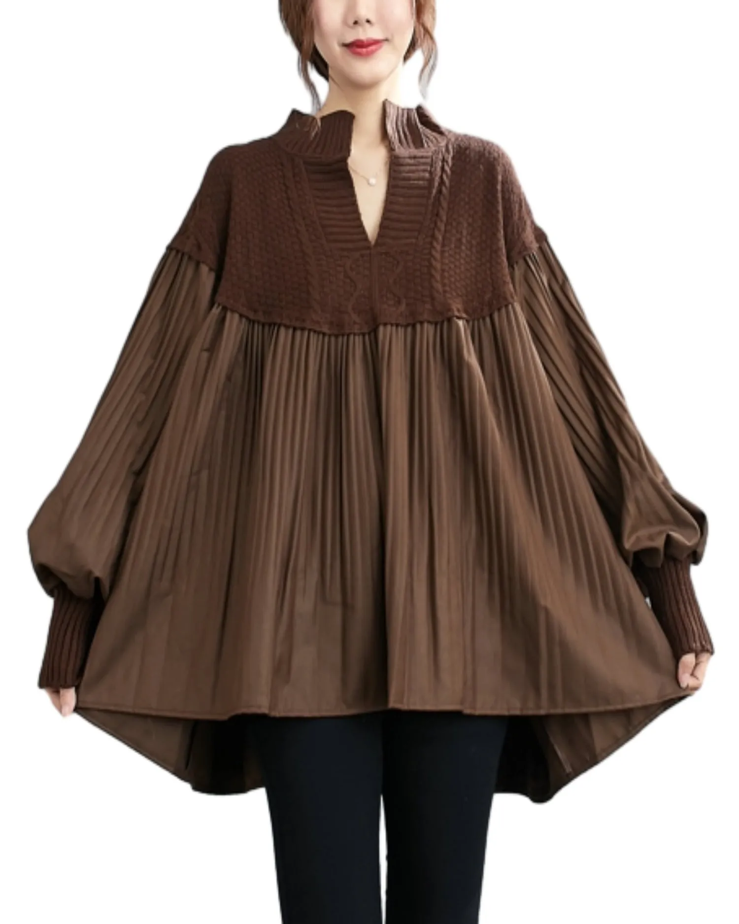 ellazhu Women's Patchwork Pullover V-Neck Puffy Knitted Shirt Tops GZ57