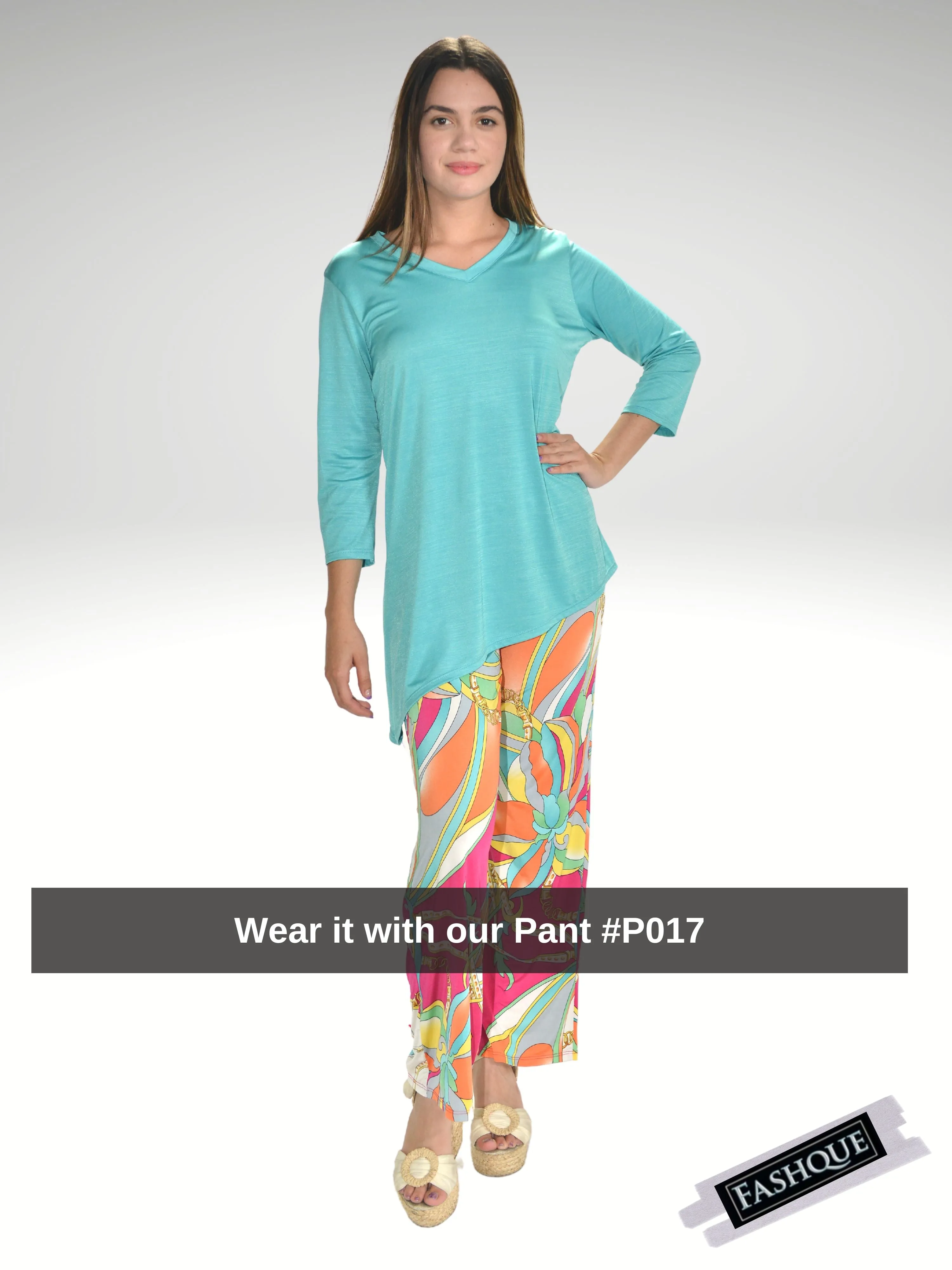 FASHQUE - V - Neck Asymmetrical 3/4 Sleeve Tunic Top- T564 SALE