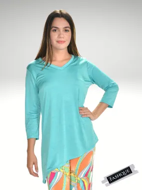 FASHQUE - V - Neck Asymmetrical 3/4 Sleeve Tunic Top- T564 SALE