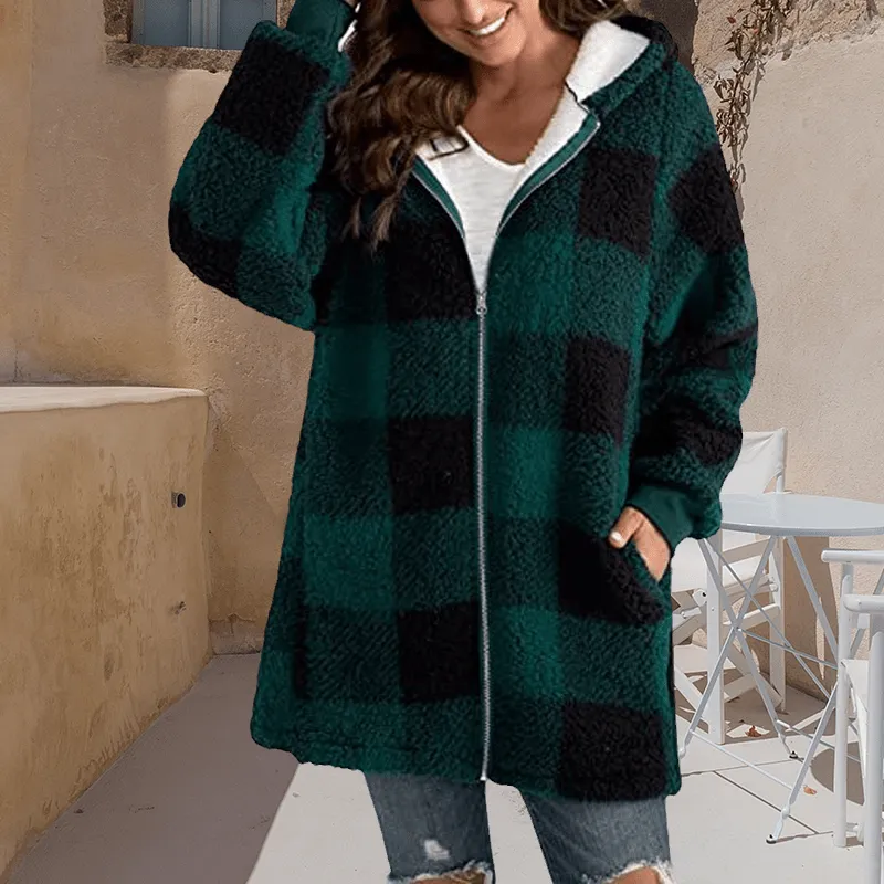 Hoodie Plaid Loose Overcoat