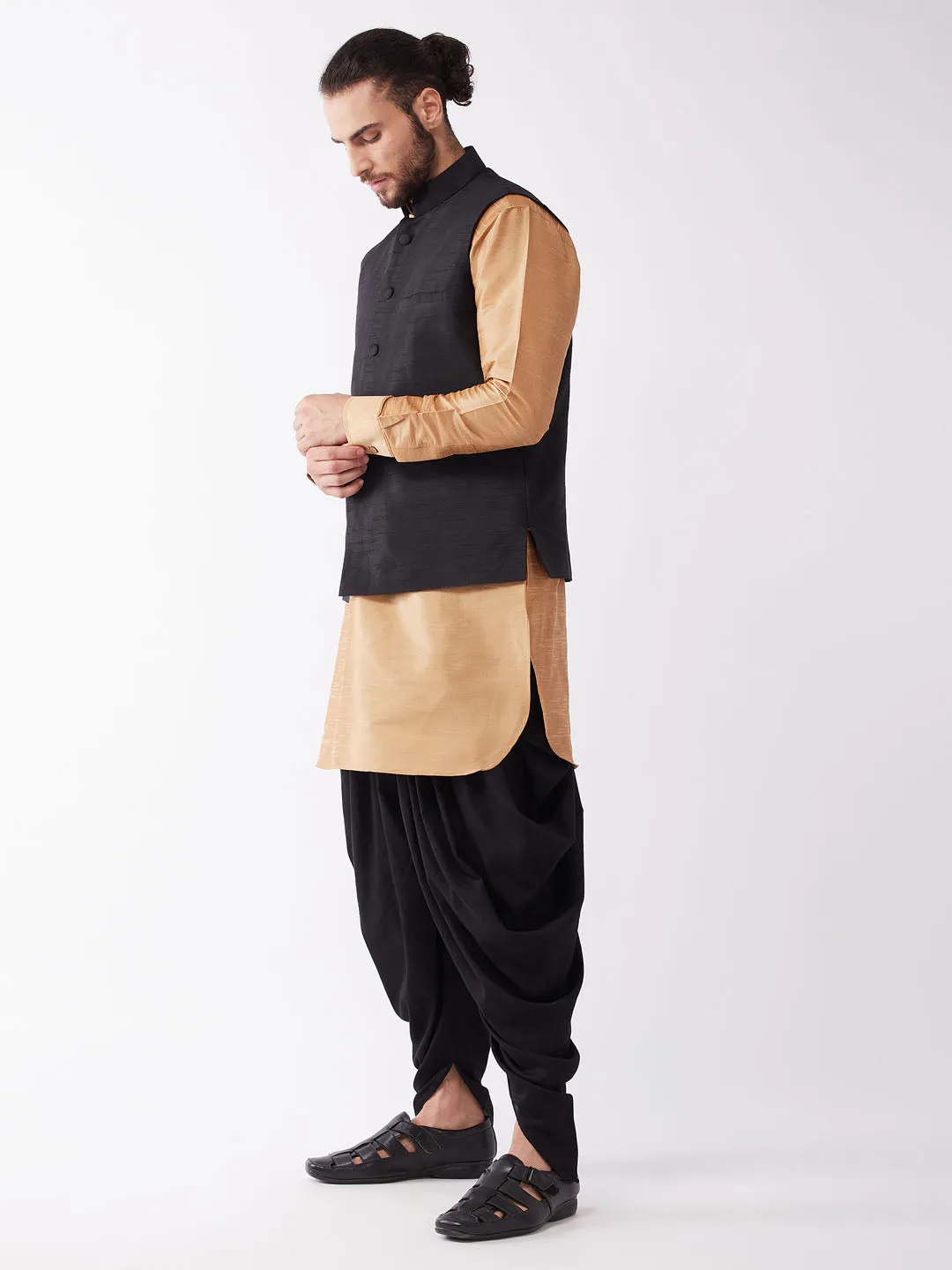 Jashvi Men's Black And Rose Gold Silk Blend Ethnic Jacket, Kurta and Dhoti Set