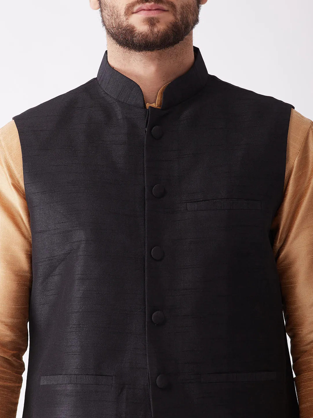 Jashvi Men's Black And Rose Gold Silk Blend Ethnic Jacket, Kurta and Dhoti Set
