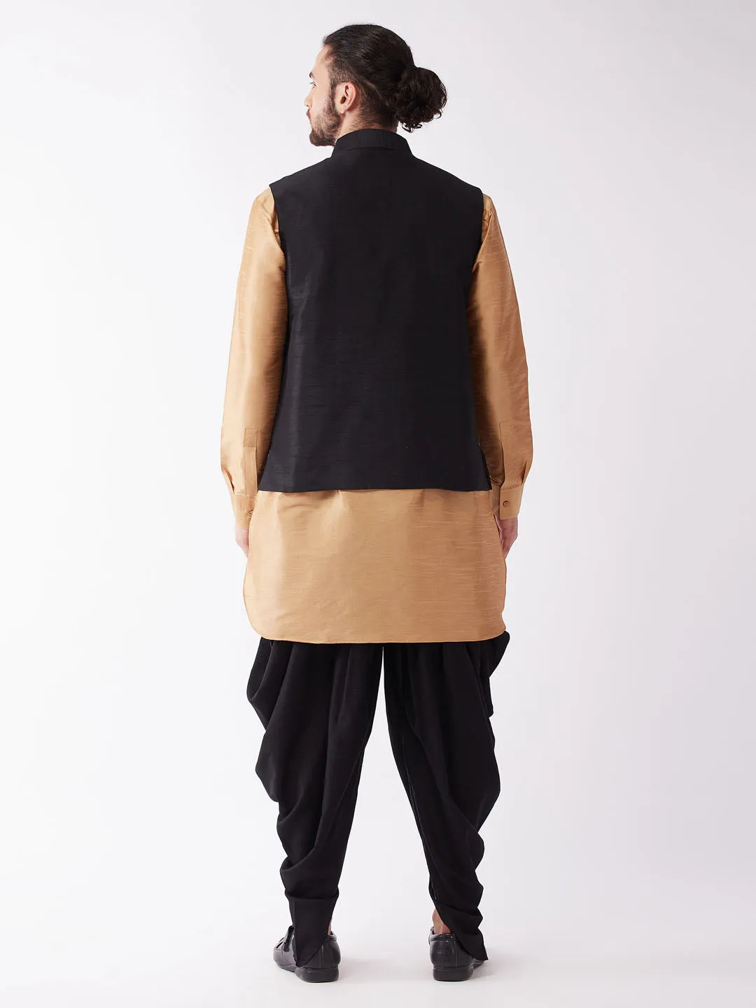 Jashvi Men's Black And Rose Gold Silk Blend Ethnic Jacket, Kurta and Dhoti Set