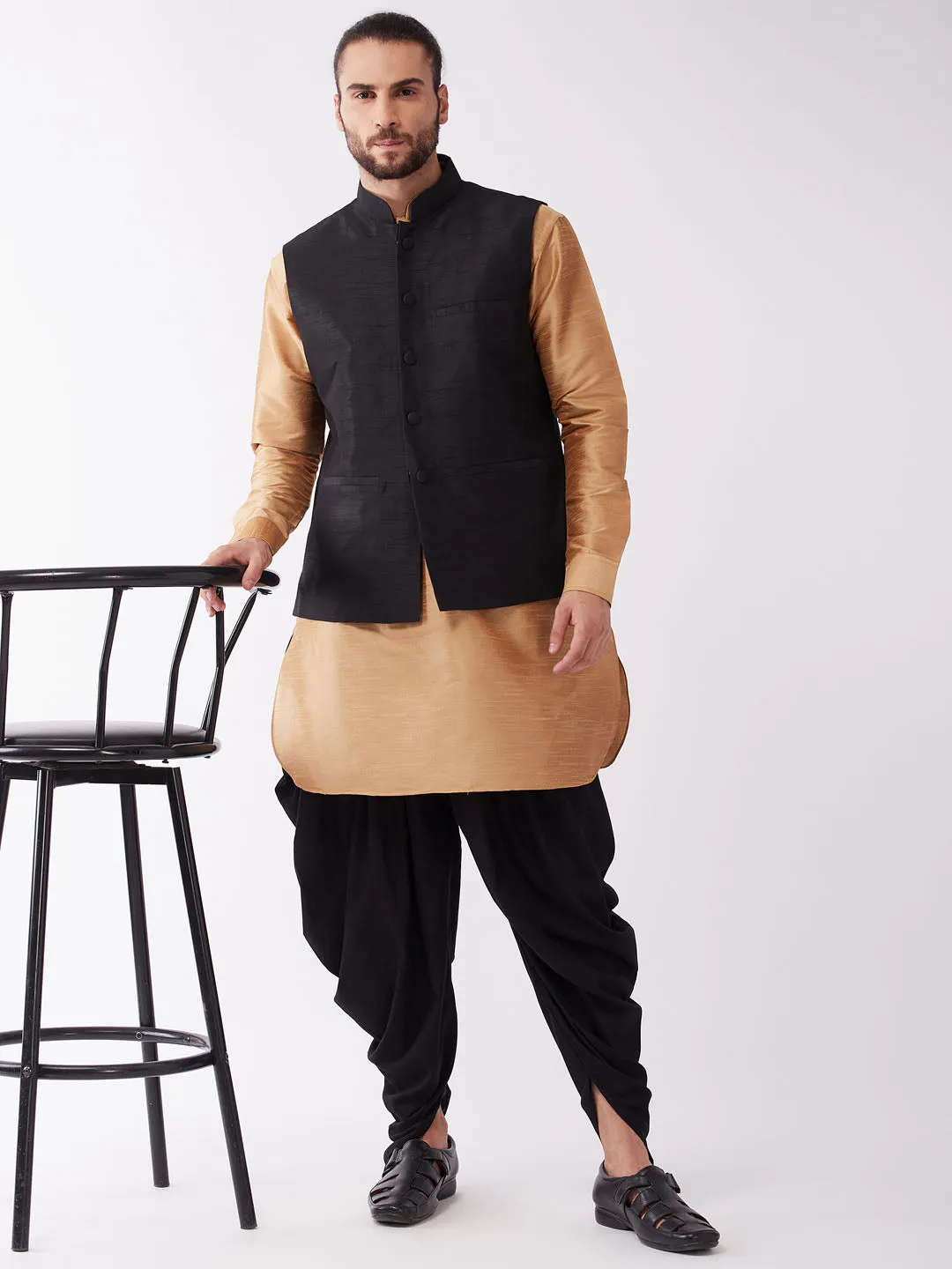 Jashvi Men's Black And Rose Gold Silk Blend Ethnic Jacket, Kurta and Dhoti Set