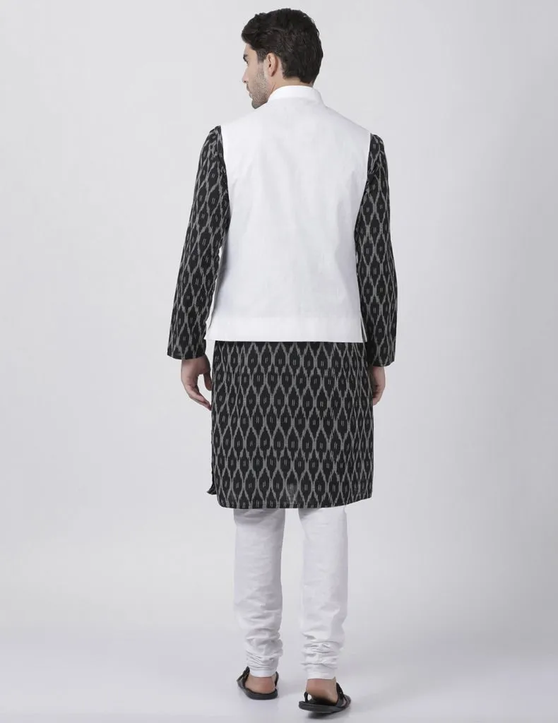 Jashvi Men's Black Cotton Blend Ethnic Jacket, Kurta and Pajama Set