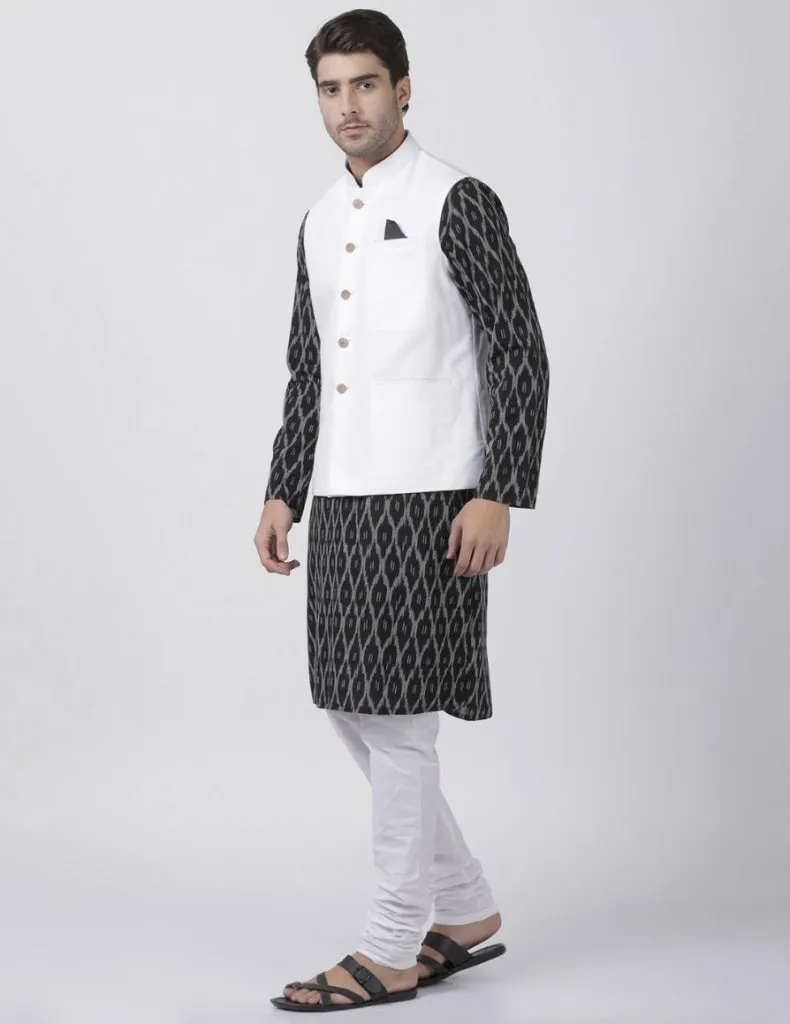 Jashvi Men's Black Cotton Blend Ethnic Jacket, Kurta and Pajama Set