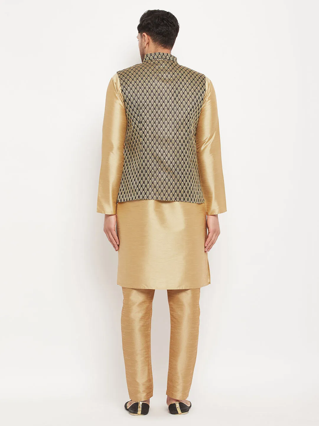 Jashvi Men's Black Ethnic Jacket With Rose Gold Silk Blend Kurta and Pant Style Pyjama Set