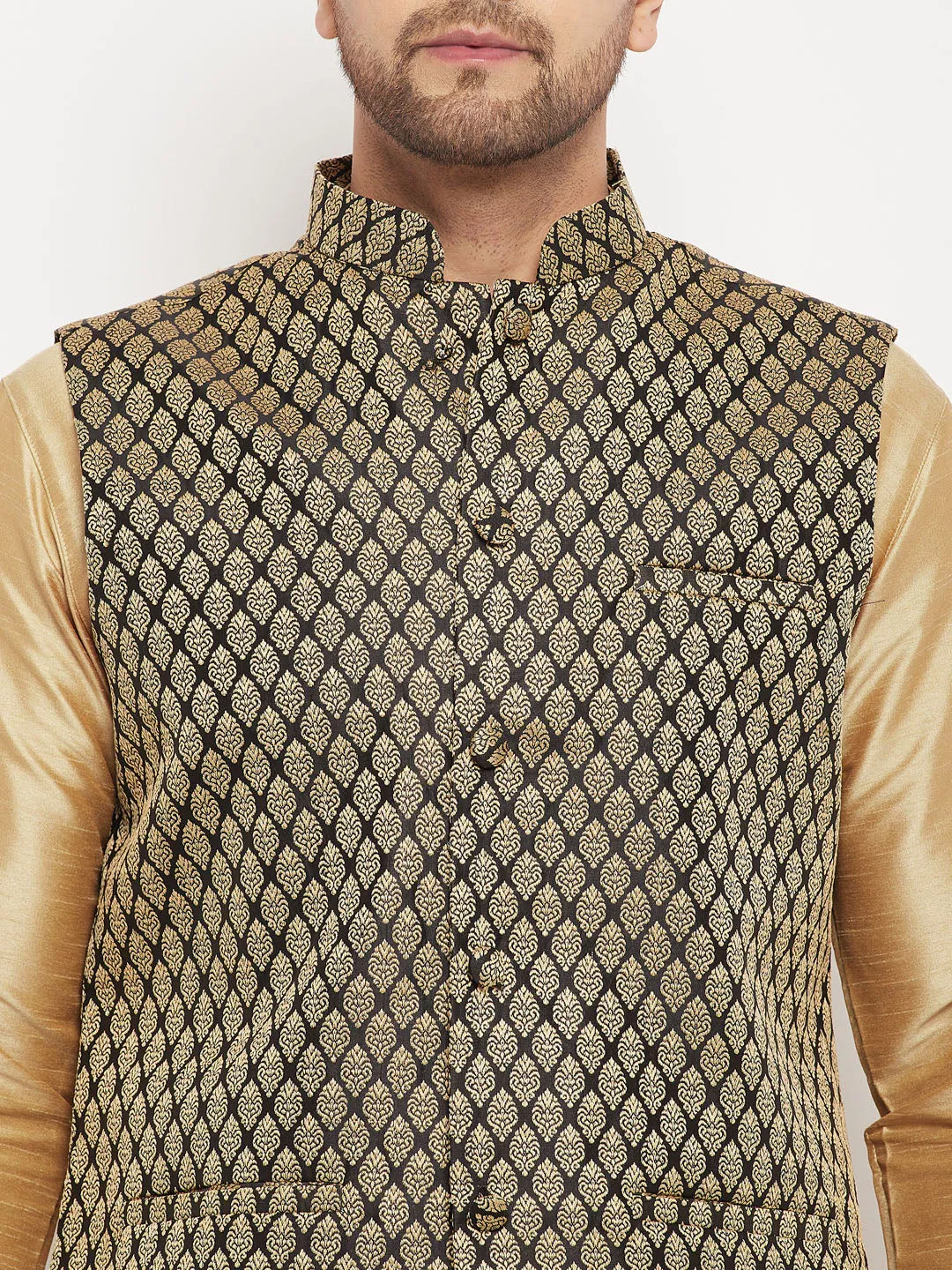 Jashvi Men's Black Ethnic Jacket With Rose Gold Silk Blend Kurta and Pant Style Pyjama Set