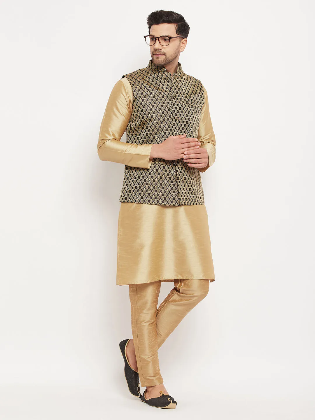 Jashvi Men's Black Ethnic Jacket With Rose Gold Silk Blend Kurta and Pant Style Pyjama Set