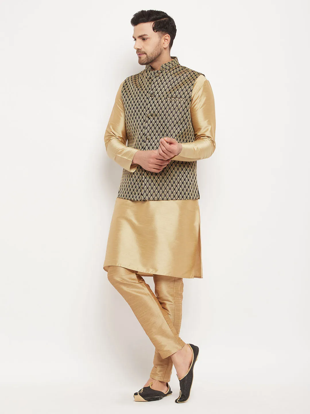 Jashvi Men's Black Ethnic Jacket With Rose Gold Silk Blend Kurta and Pant Style Pyjama Set