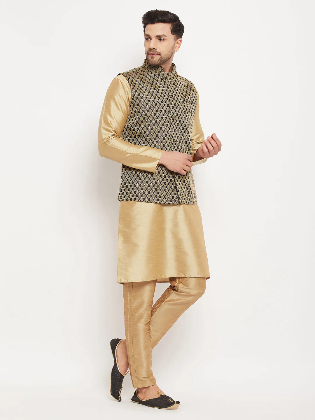 Jashvi Men's Black Ethnic Jacket With Rose Gold Silk Blend Kurta and Pant Style Pyjama Set