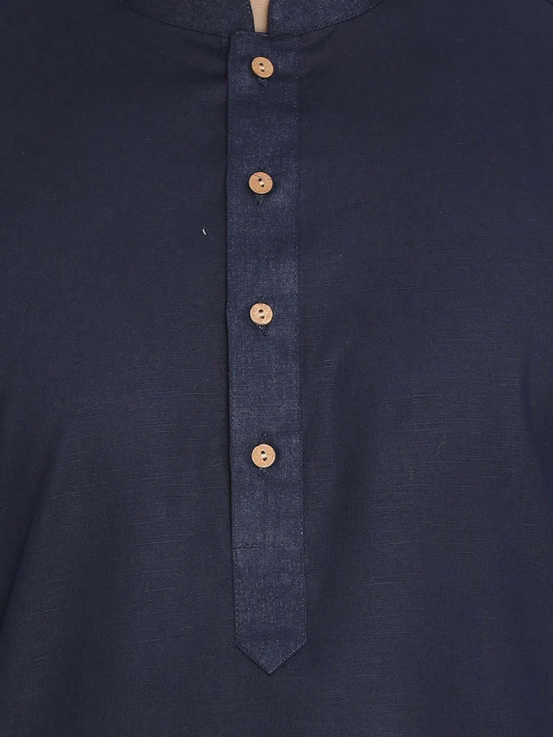 Jashvi Men's Black Ikkat Printed Cotton Nehru Jacket With Navy Blue Kurta And White Pyjama Set