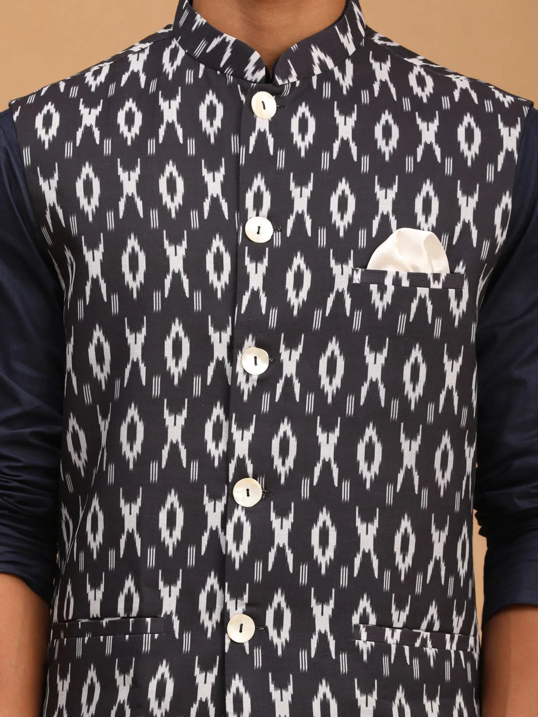 Jashvi Men's Black Ikkat Printed Cotton Nehru Jacket With Navy Blue Kurta And White Pyjama Set