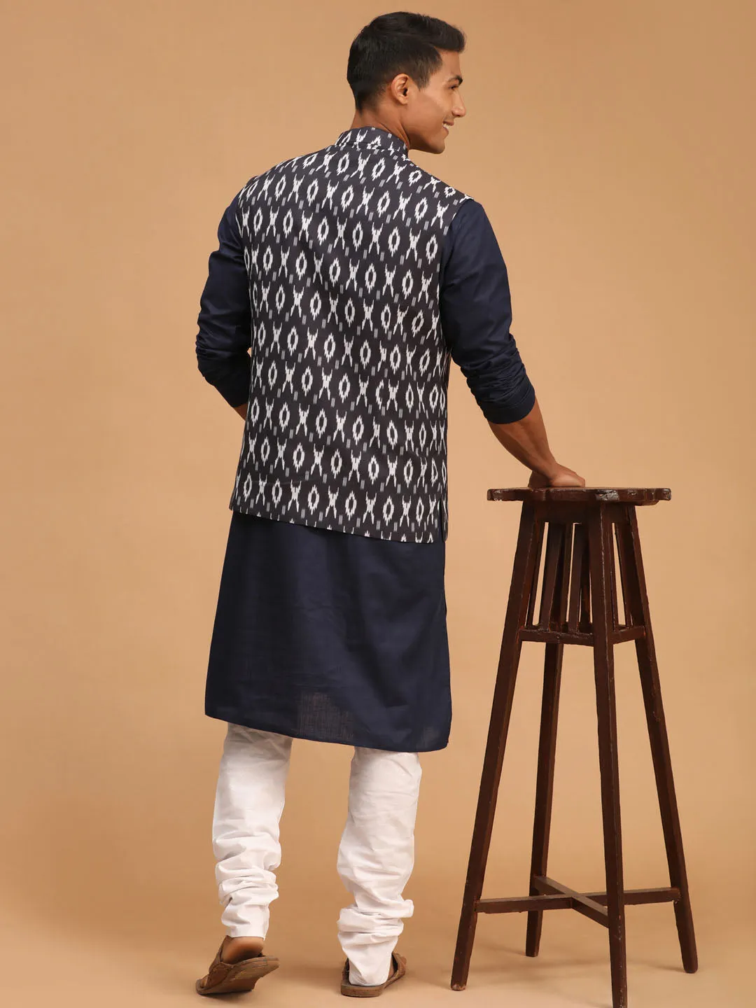 Jashvi Men's Black Ikkat Printed Cotton Nehru Jacket With Navy Blue Kurta And White Pyjama Set