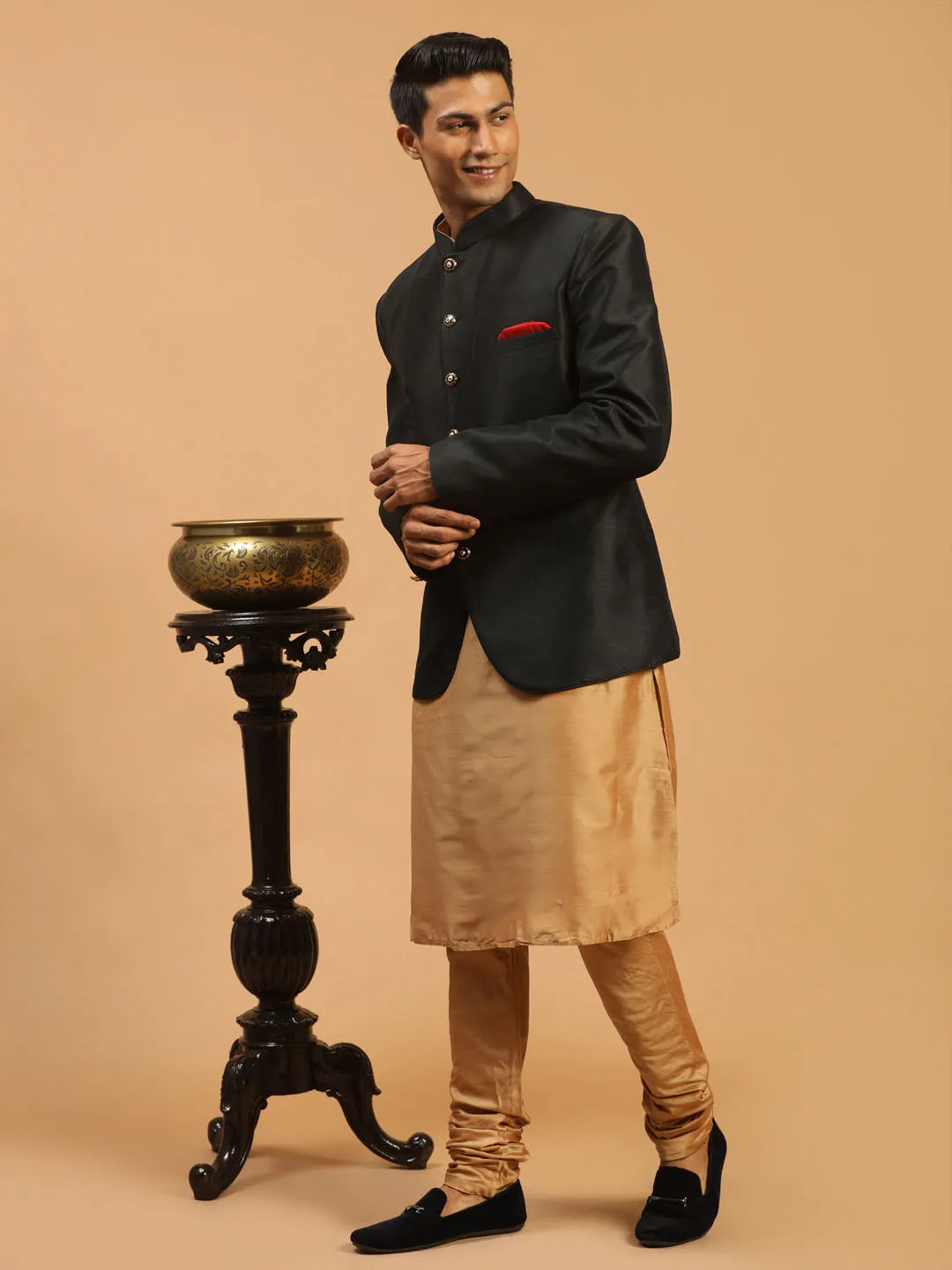 Jashvi  Men's Black Silk Blend Jodhpuri With Rose Gold Viscose Kurta Pyjama Set