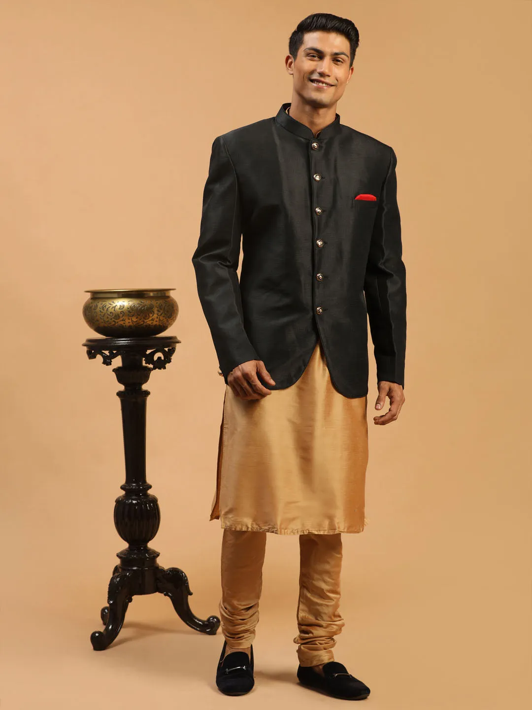 Jashvi  Men's Black Silk Blend Jodhpuri With Rose Gold Viscose Kurta Pyjama Set