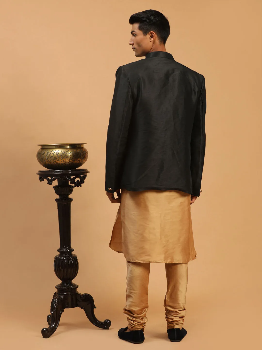 Jashvi  Men's Black Silk Blend Jodhpuri With Rose Gold Viscose Kurta Pyjama Set