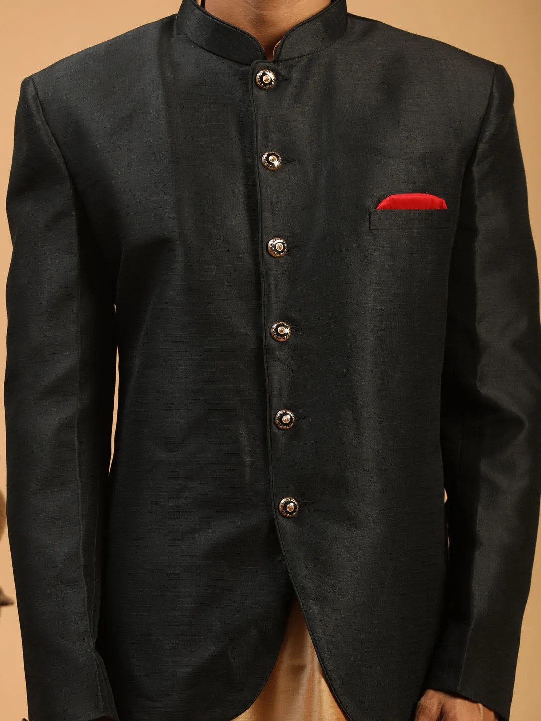 Jashvi  Men's Black Silk Blend Jodhpuri With Rose Gold Viscose Kurta Pyjama Set