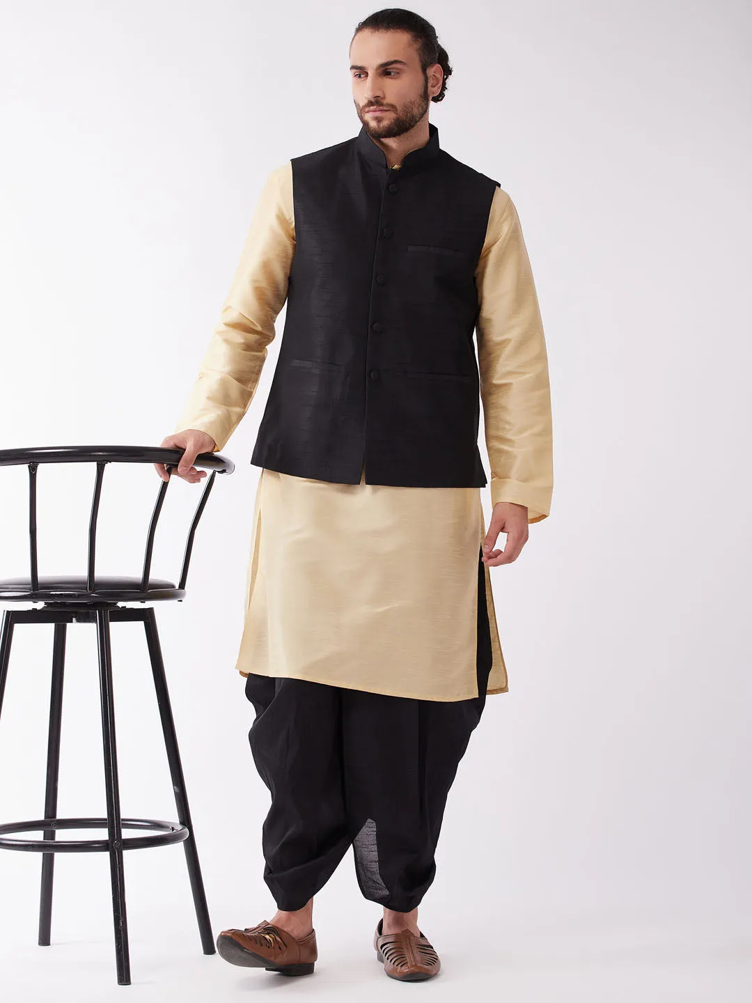 Jashvi Men's Black Solid Jacket With Gold And Black Silk Kurta and Dhoti Set