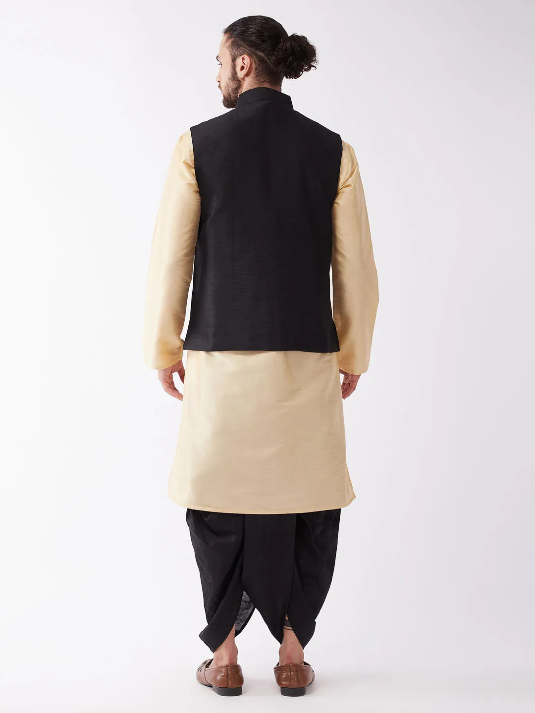 Jashvi Men's Black Solid Jacket With Gold And Black Silk Kurta and Dhoti Set