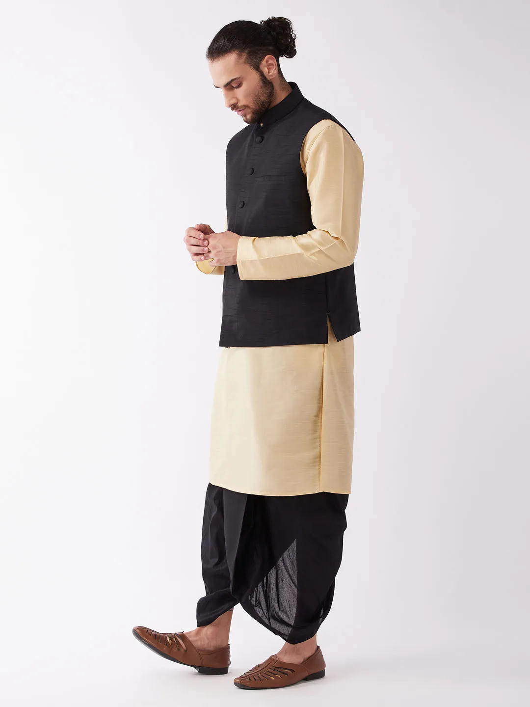 Jashvi Men's Black Solid Jacket With Gold And Black Silk Kurta and Dhoti Set