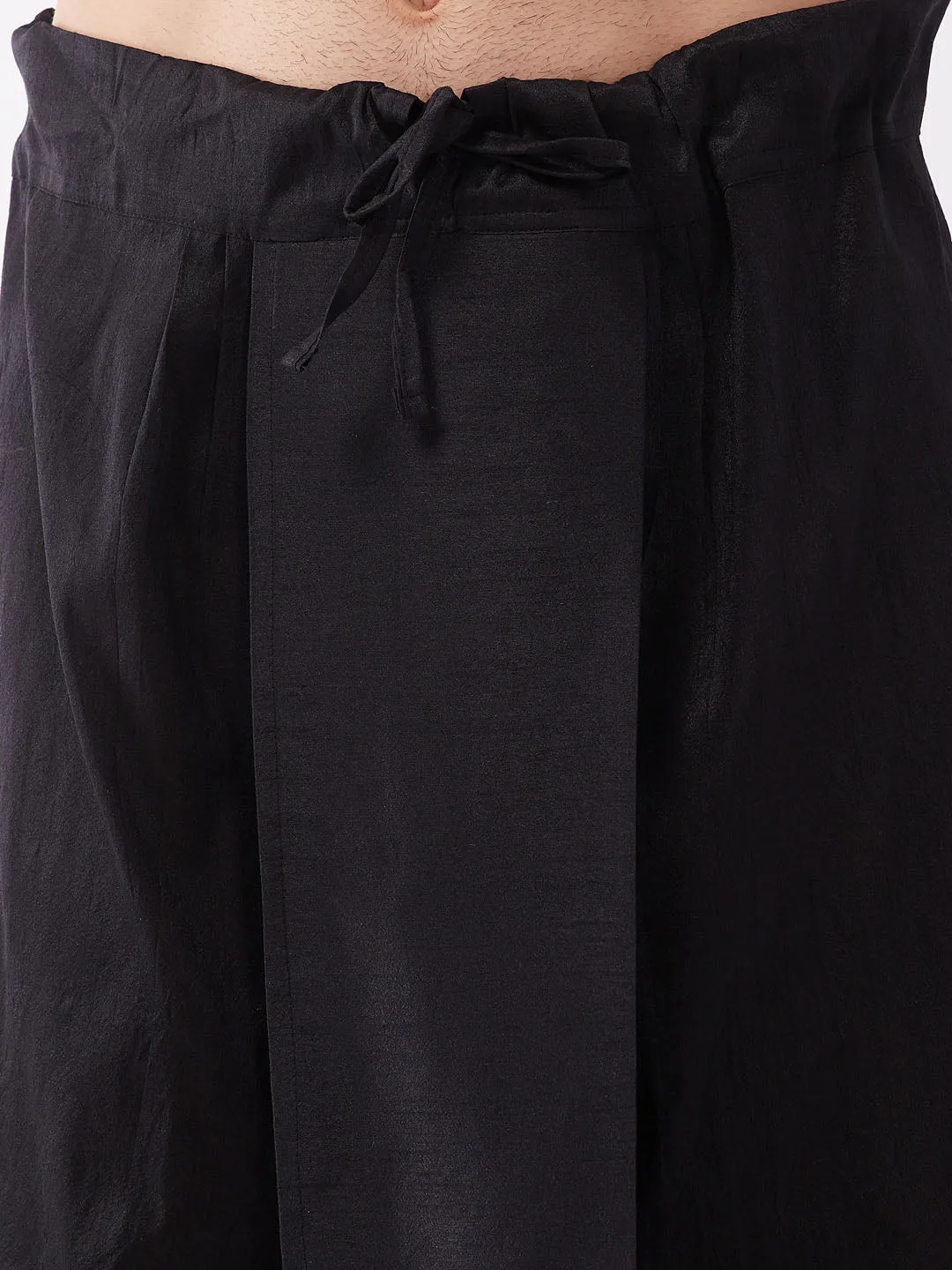 Jashvi Men's Black Solid Jacket With Gold And Black Silk Kurta and Dhoti Set