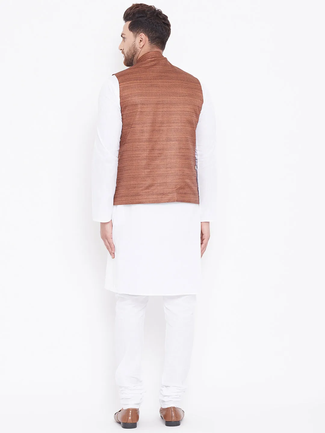 Jashvi Men's Coffee Brown And White Cotton Blend Jacket, Kurta and Pyjama Set
