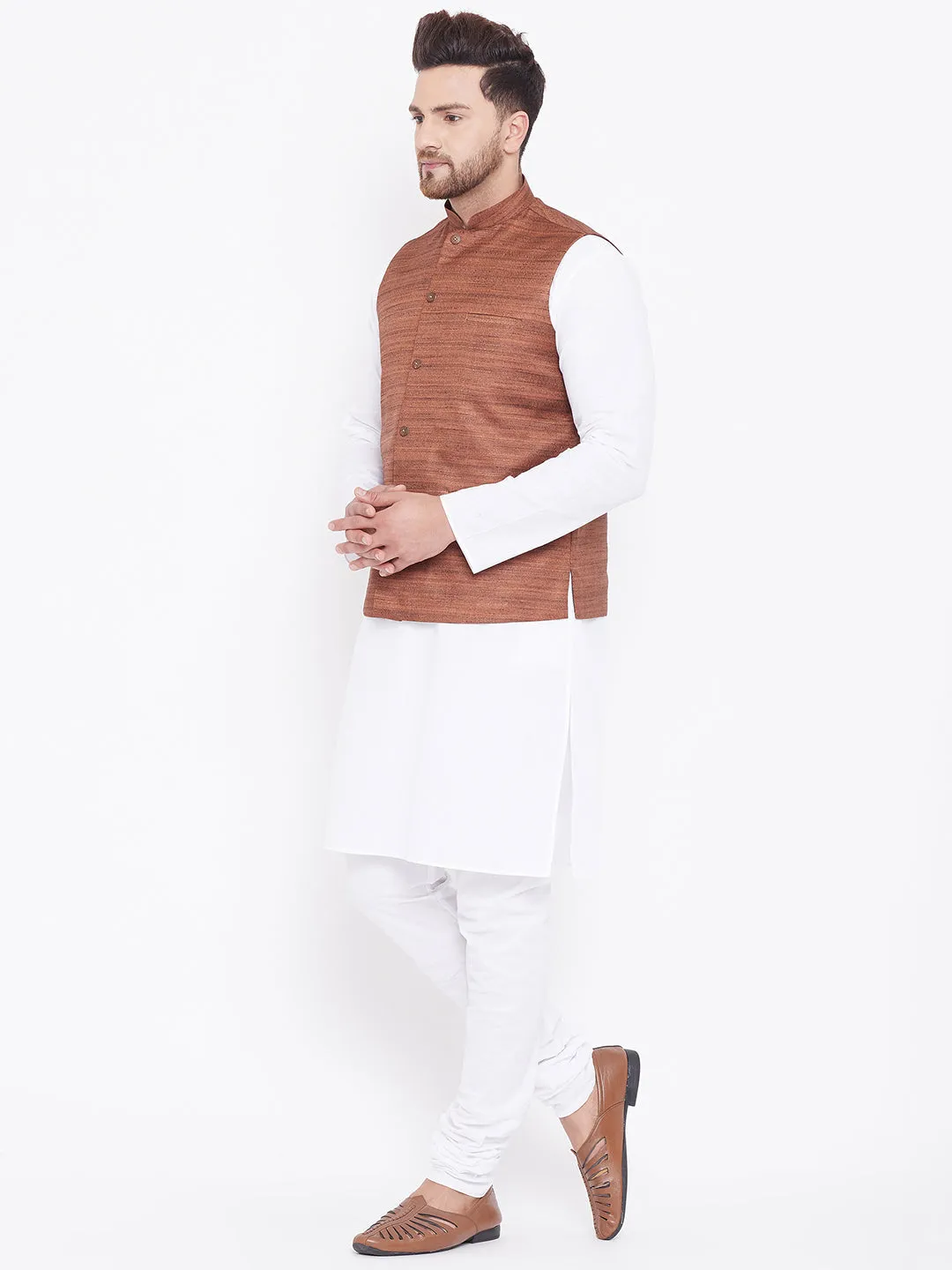 Jashvi Men's Coffee Brown And White Cotton Blend Jacket, Kurta and Pyjama Set