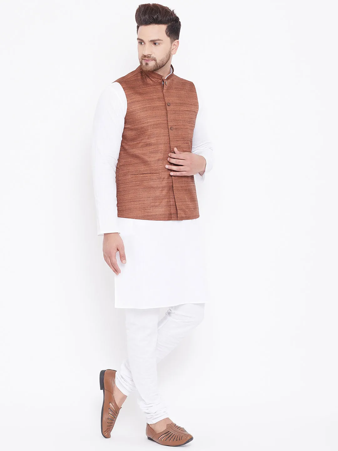 Jashvi Men's Coffee Brown And White Cotton Blend Jacket, Kurta and Pyjama Set