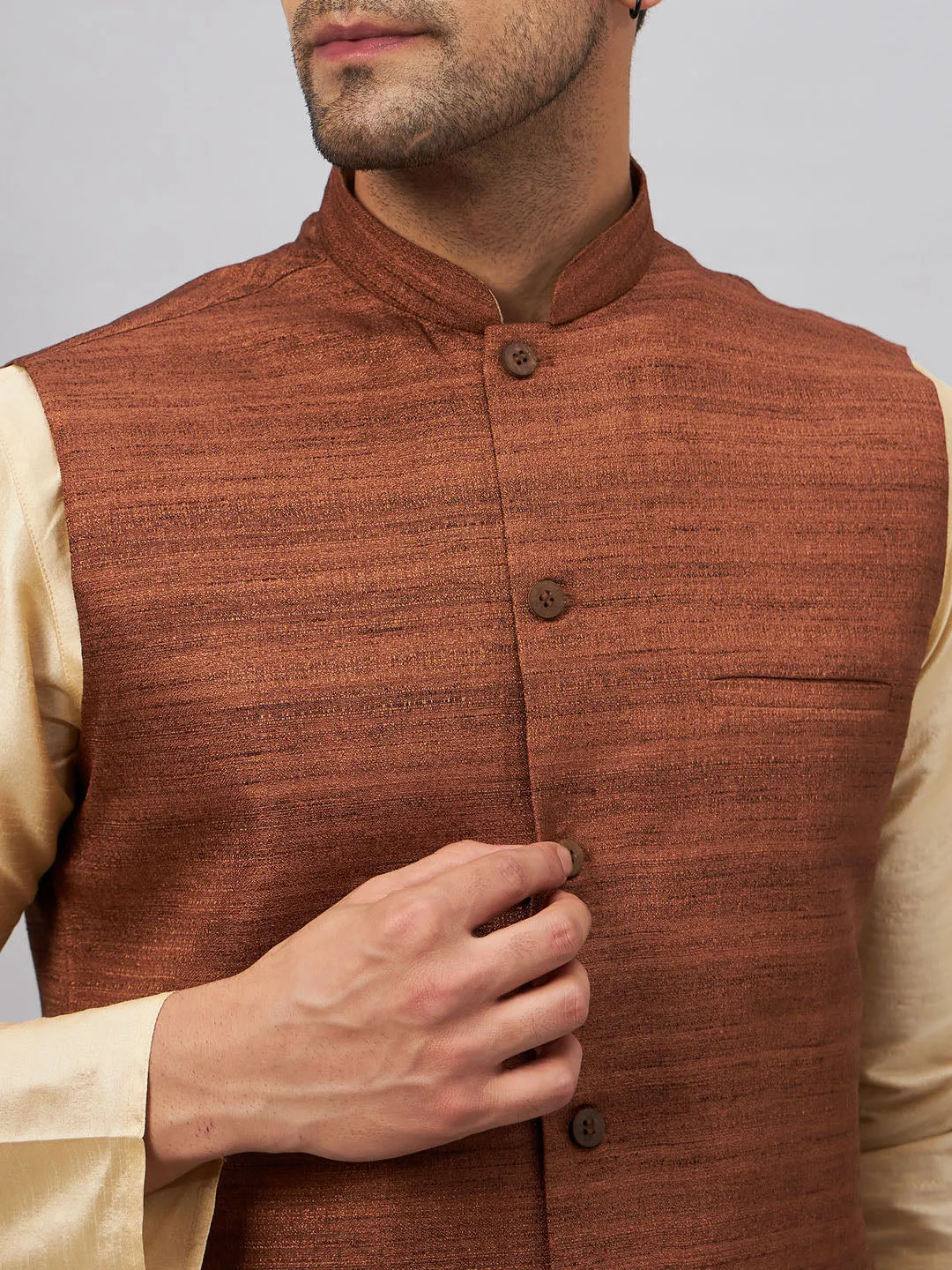Jashvi Men's Coffee Jacket With Gold Kurta And Pant Set