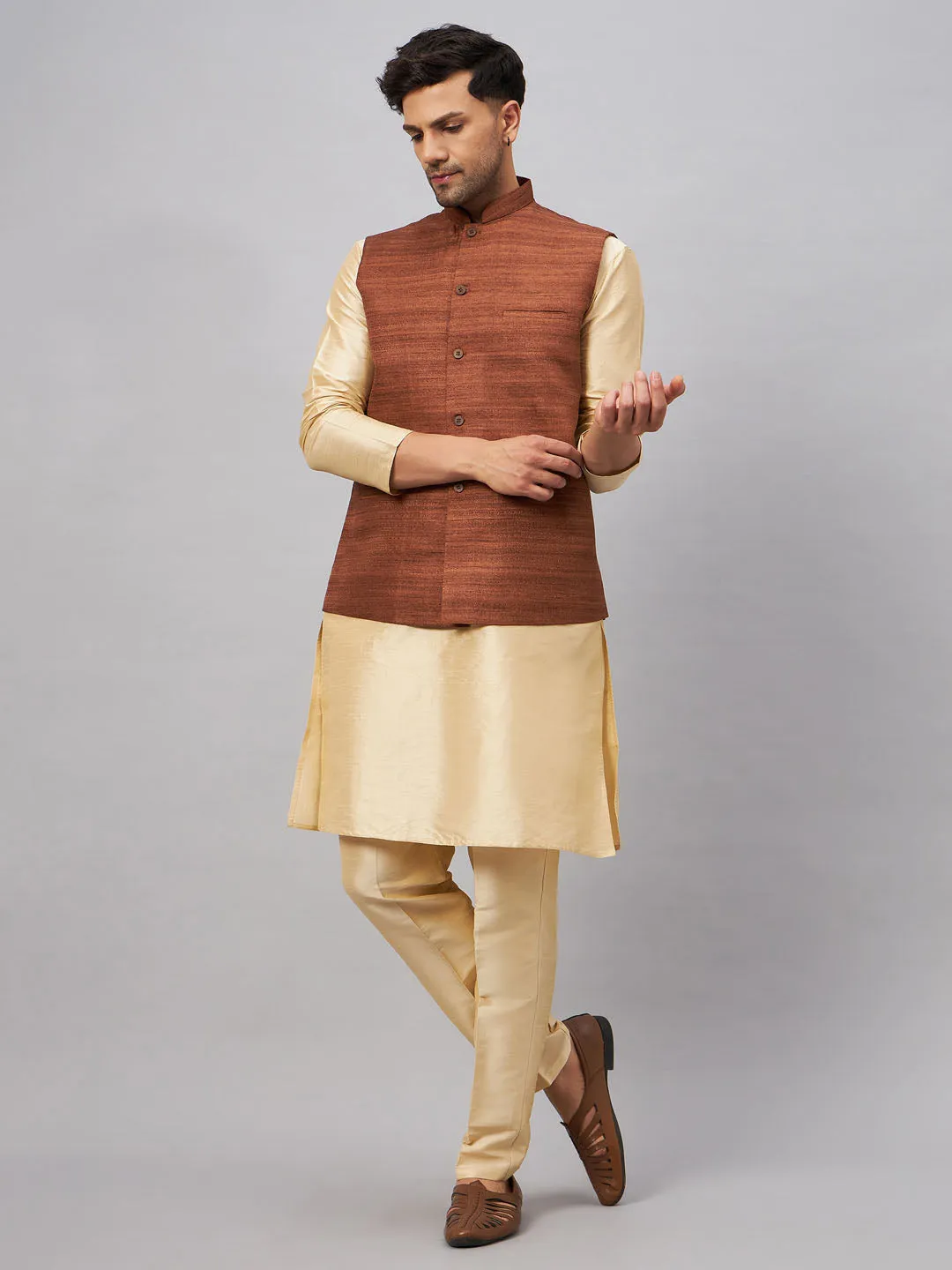 Jashvi Men's Coffee Jacket With Gold Kurta And Pant Set