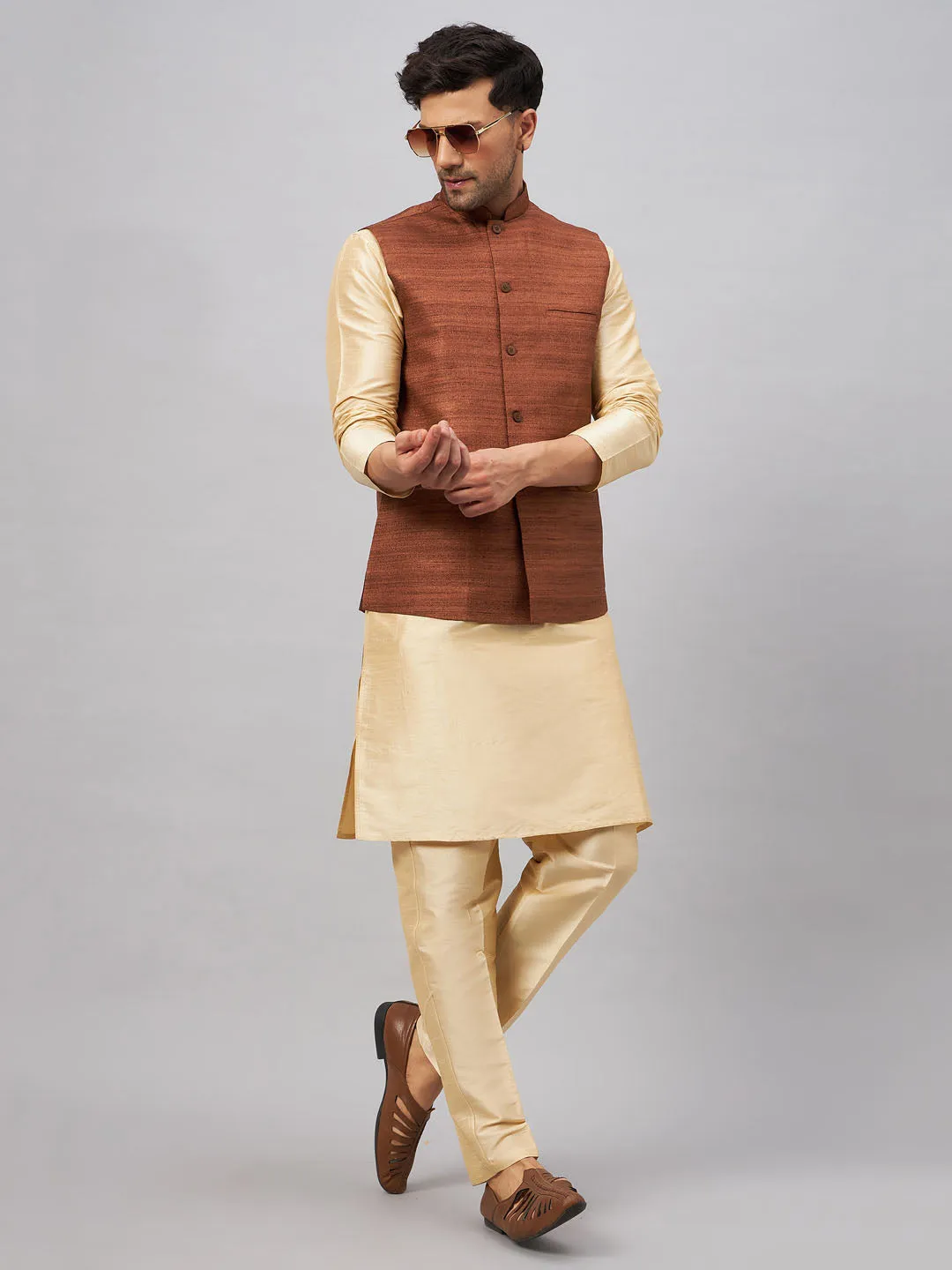 Jashvi Men's Coffee Jacket With Gold Kurta And Pant Set