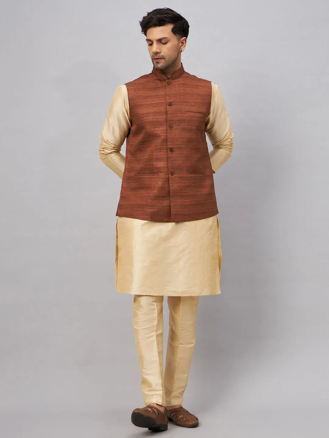 Jashvi Men's Coffee Jacket With Gold Kurta And Pant Set