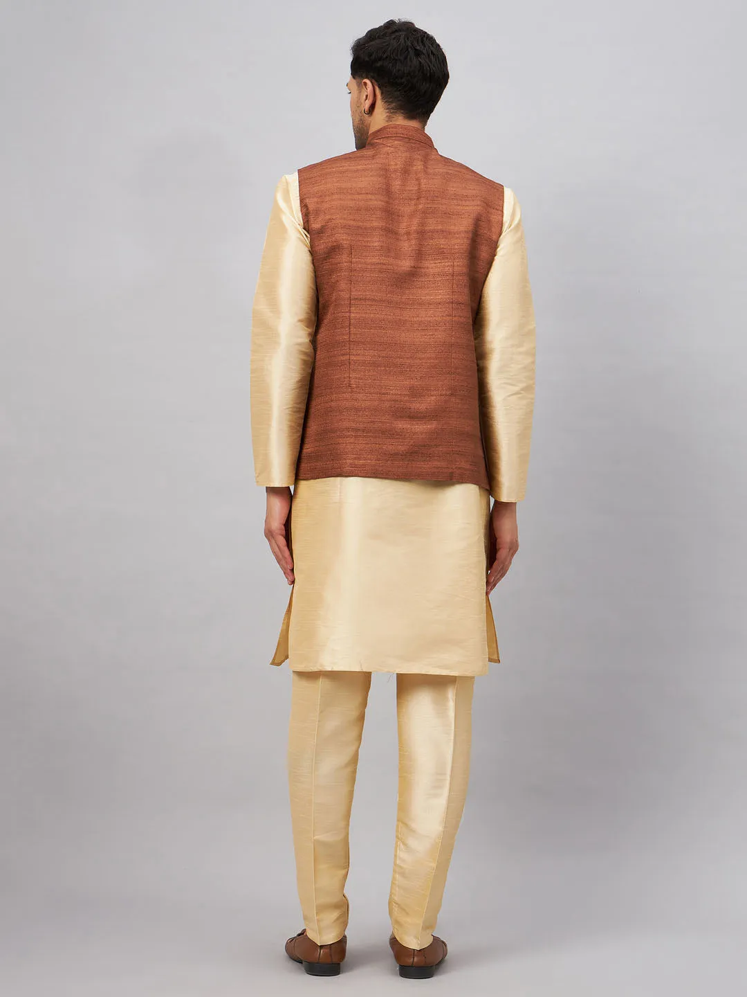 Jashvi Men's Coffee Jacket With Gold Kurta And Pant Set
