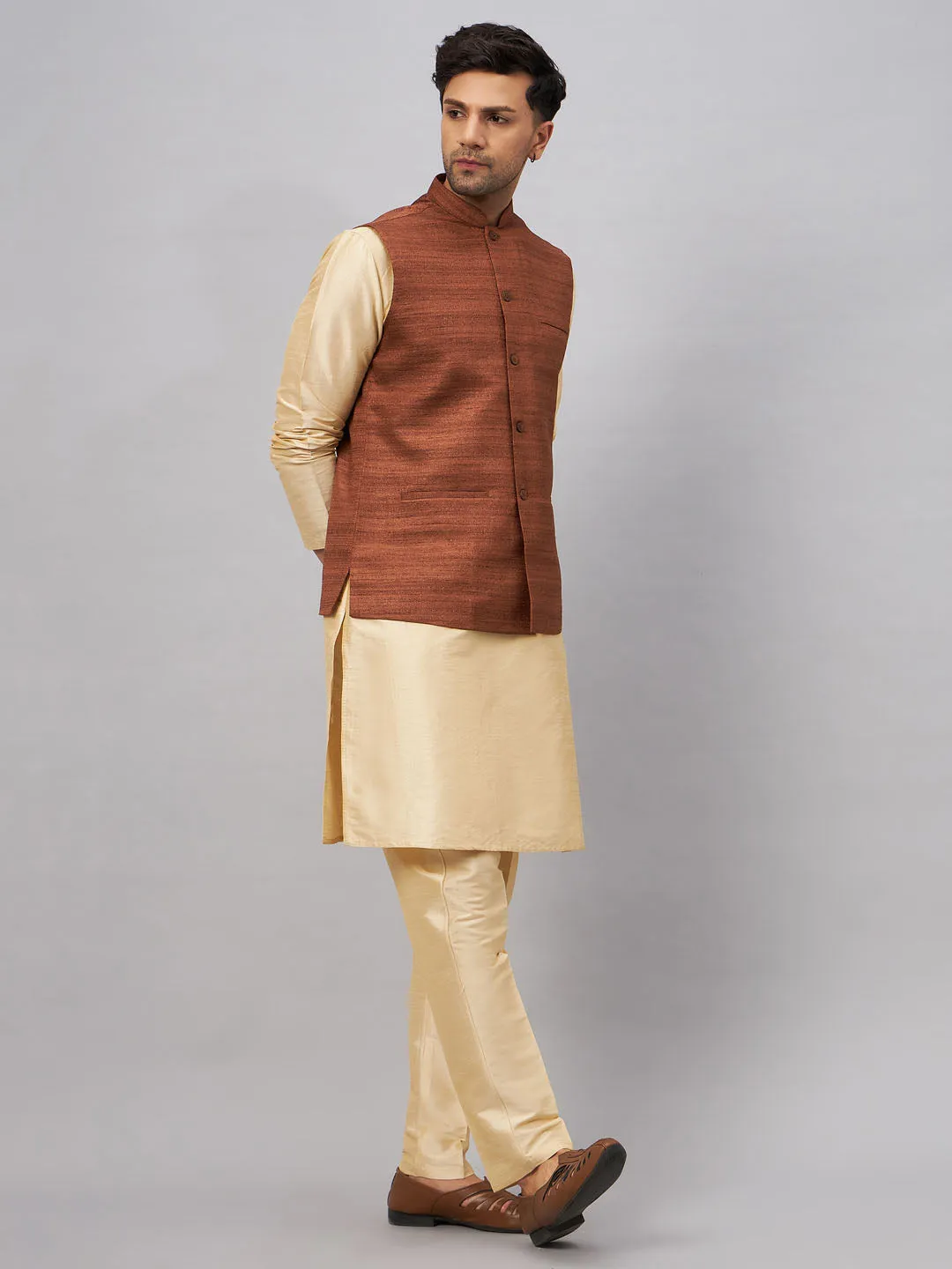 Jashvi Men's Coffee Jacket With Gold Kurta And Pant Set