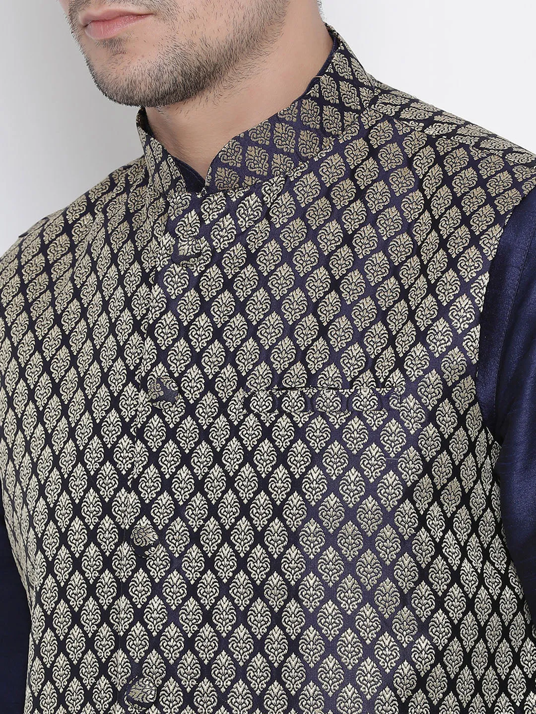 Jashvi Men's Dark Blue Cotton Silk Blend Kurta, Ethnic Jacket Style Pyjama Set